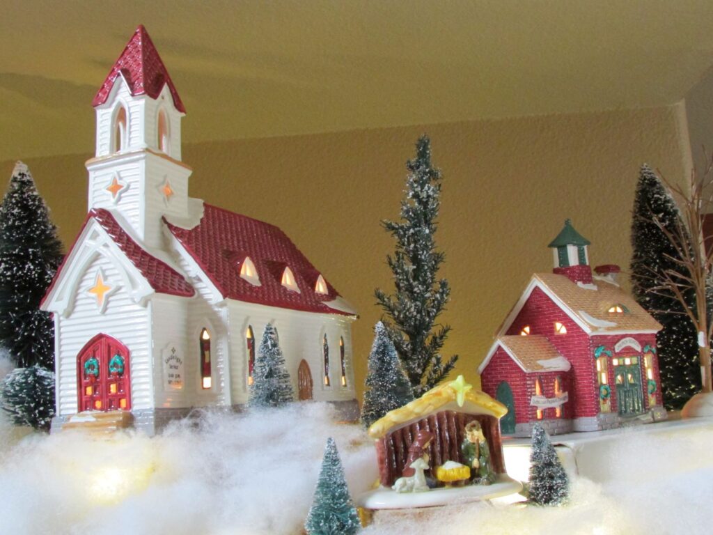 Christmas village church with nativity