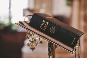 Bible on a stand showing the binding